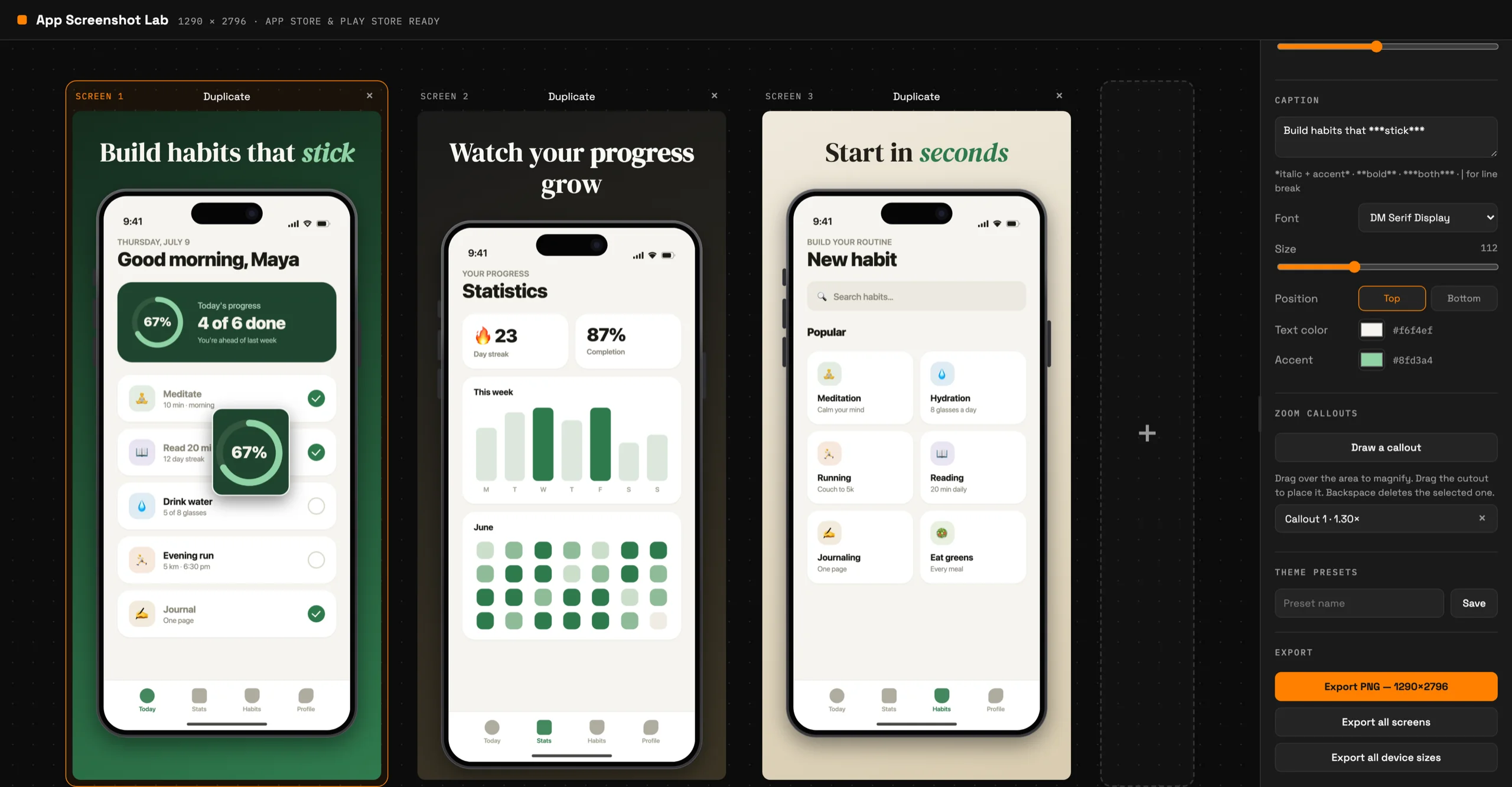 The AppScreenshotLab editor with three styled iPhone screenshots side by side — captions, device frames, a zoom callout, and the export panel