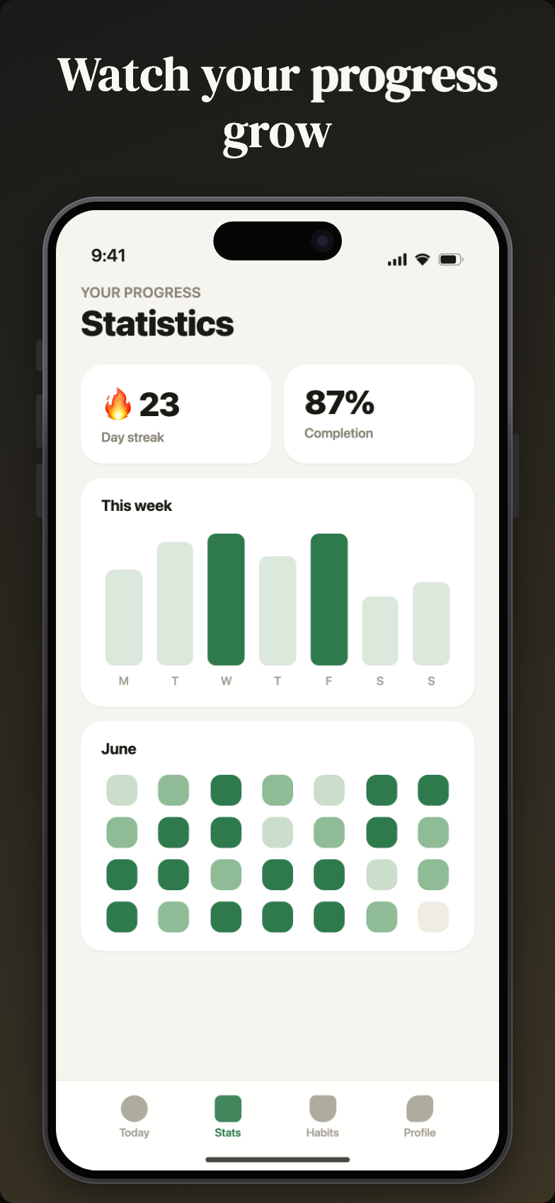 Styled App Store screenshot with a dark gold-accented theme and the caption “Watch your progress grow”