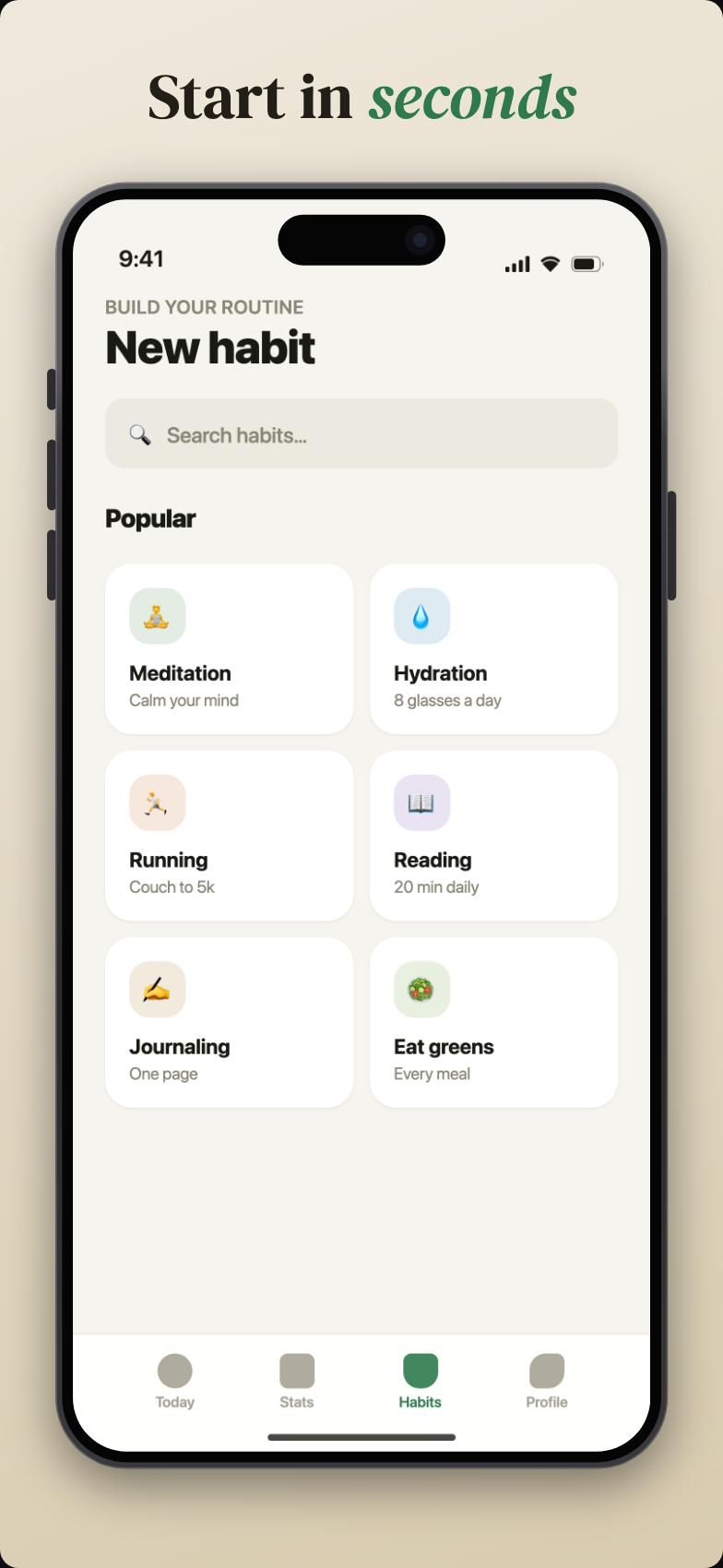 Styled App Store screenshot with a cream background and the caption “Start in seconds”